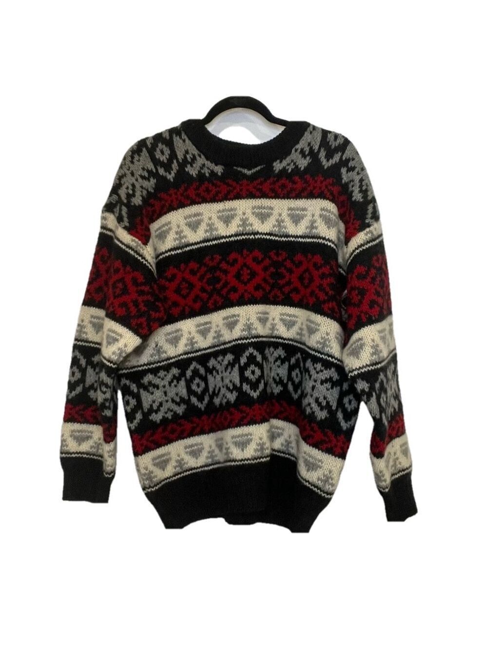 VINTAGE 100% Virgin Wool Pullover Crew Neck Sweater Black Cream Grey Red Unisex - Picture 5 of 11